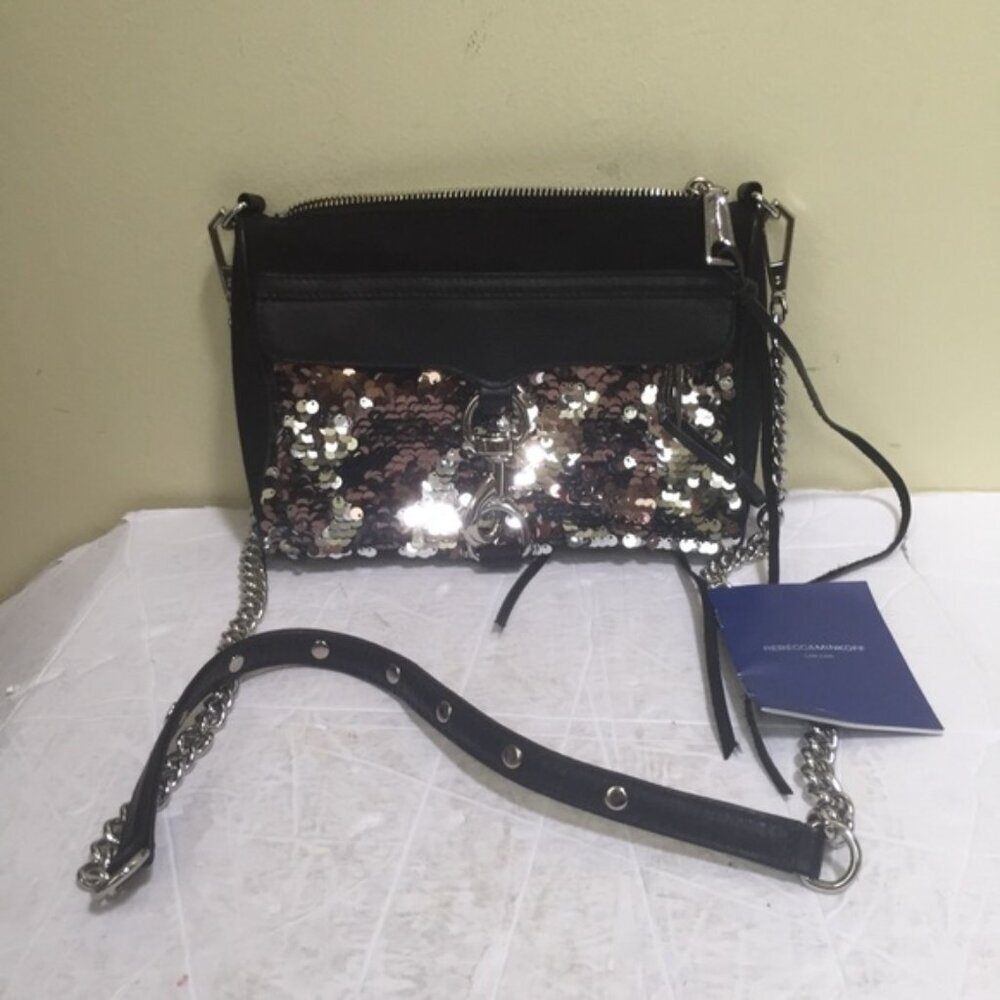 Rebecca Minkoff NEW Sequinned Mini Mac Leather Canvas Crossbody Shoulder Bag Zip - Picture 2 of 16